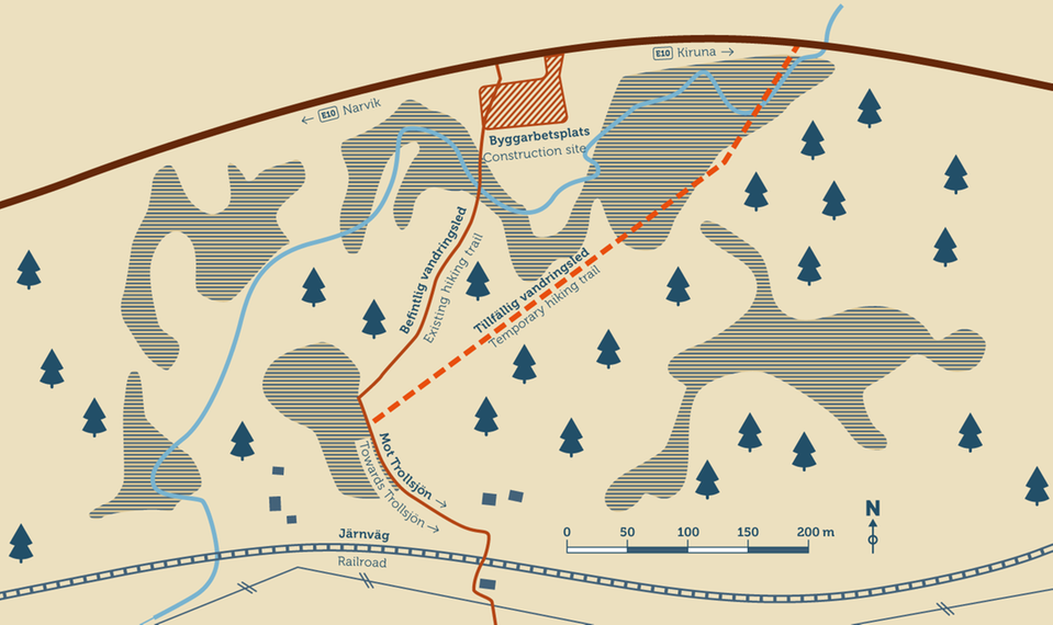 Karta tillfällig vandringsled Låktatjåkka Trollsjön